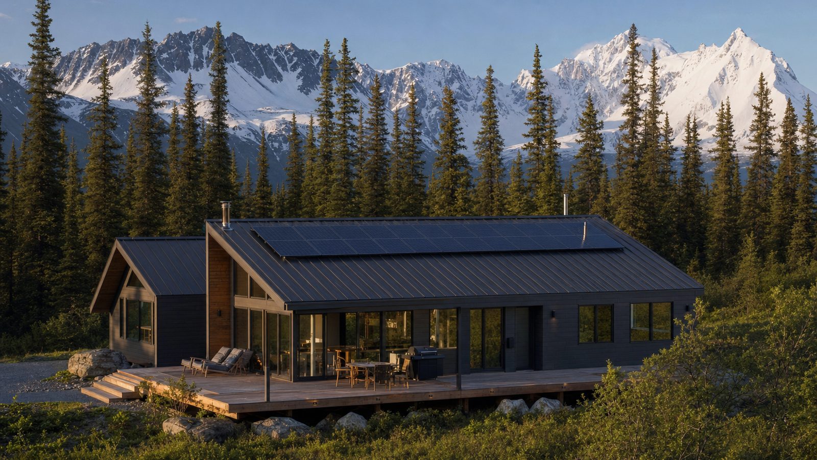 Alaska home with rooftop solar panels beneath mountains and a bright northern sky