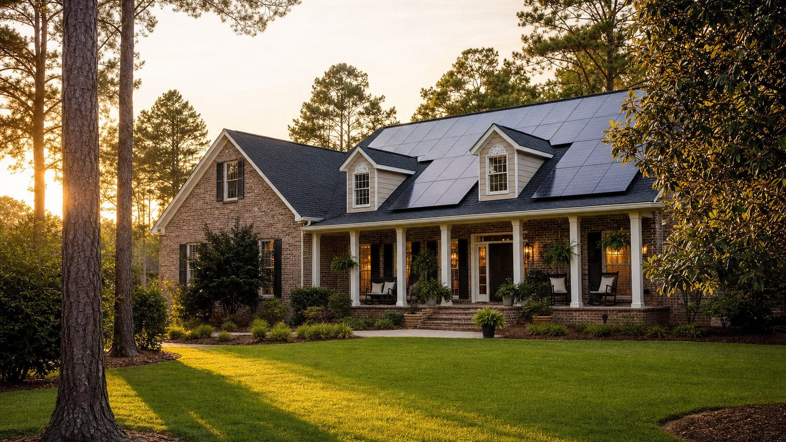 Alabama brick home with rooftop solar panels beneath a bright southern sky