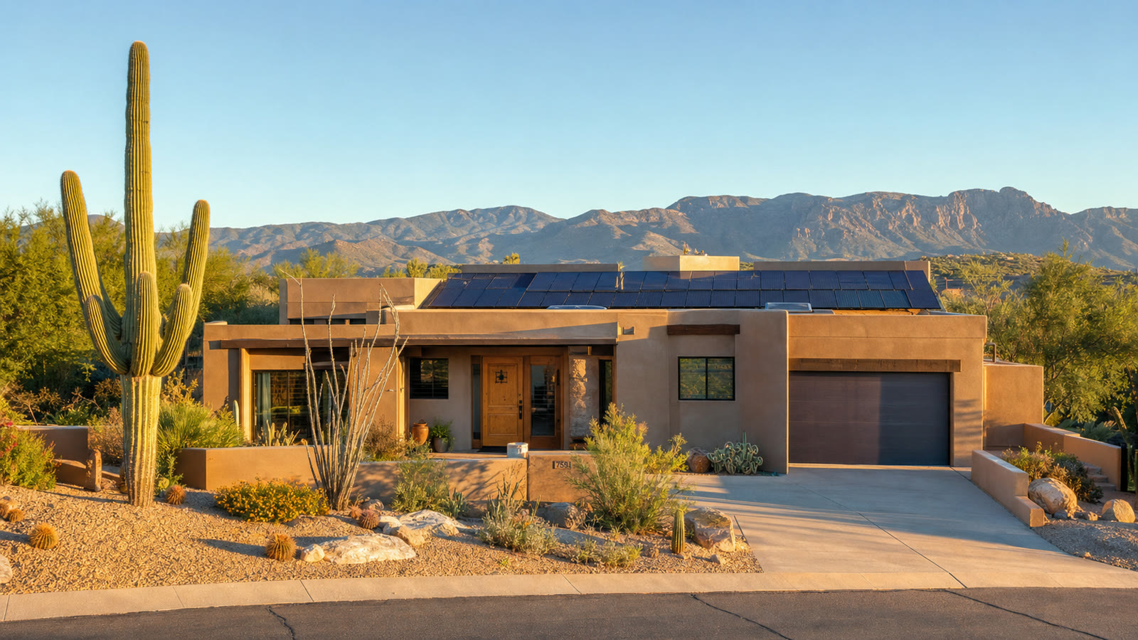 Desert adobe style Arizona home with rooftop solar panels and saguaro cactus