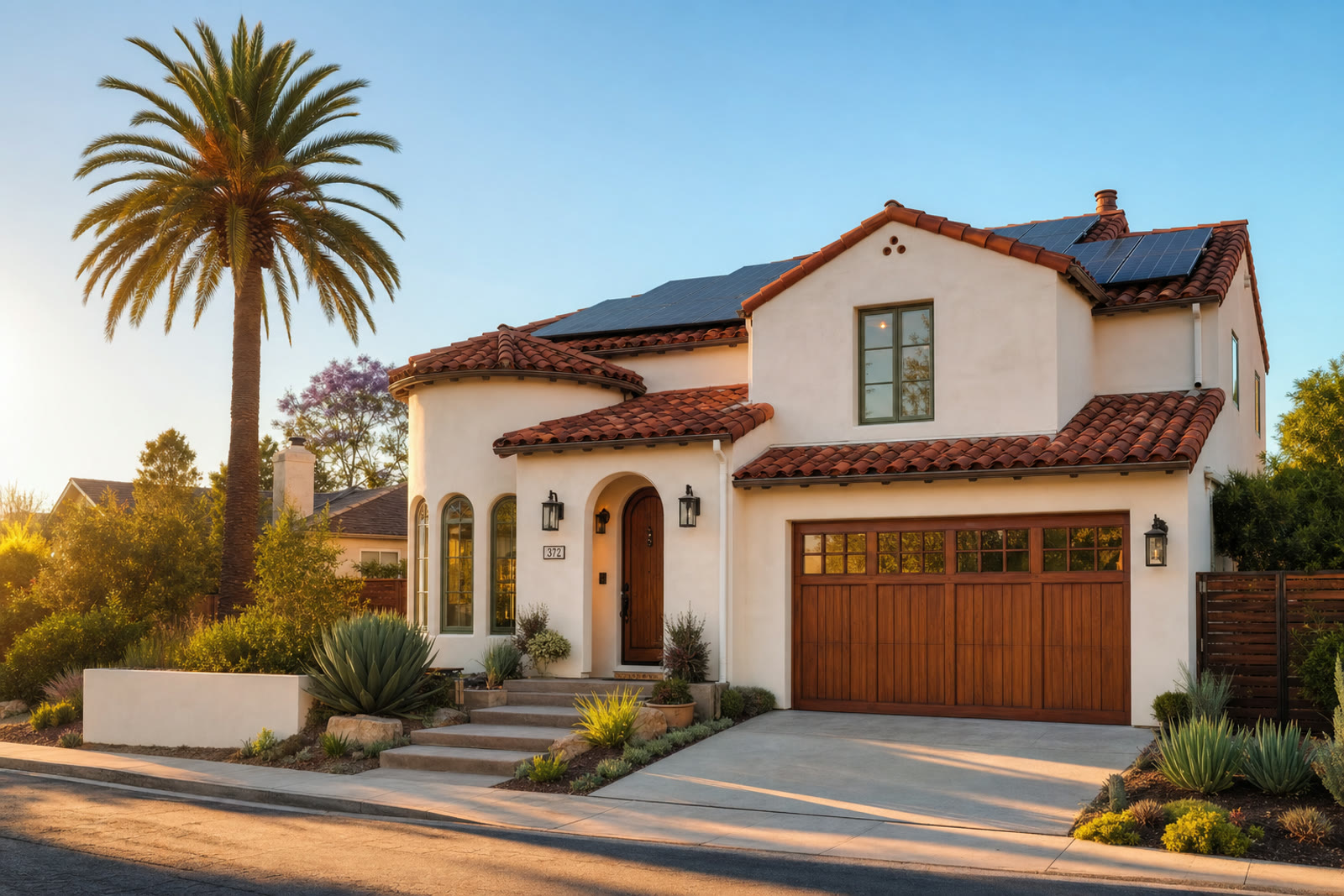 Spanish style California home with rooftop solar panels at golden hour