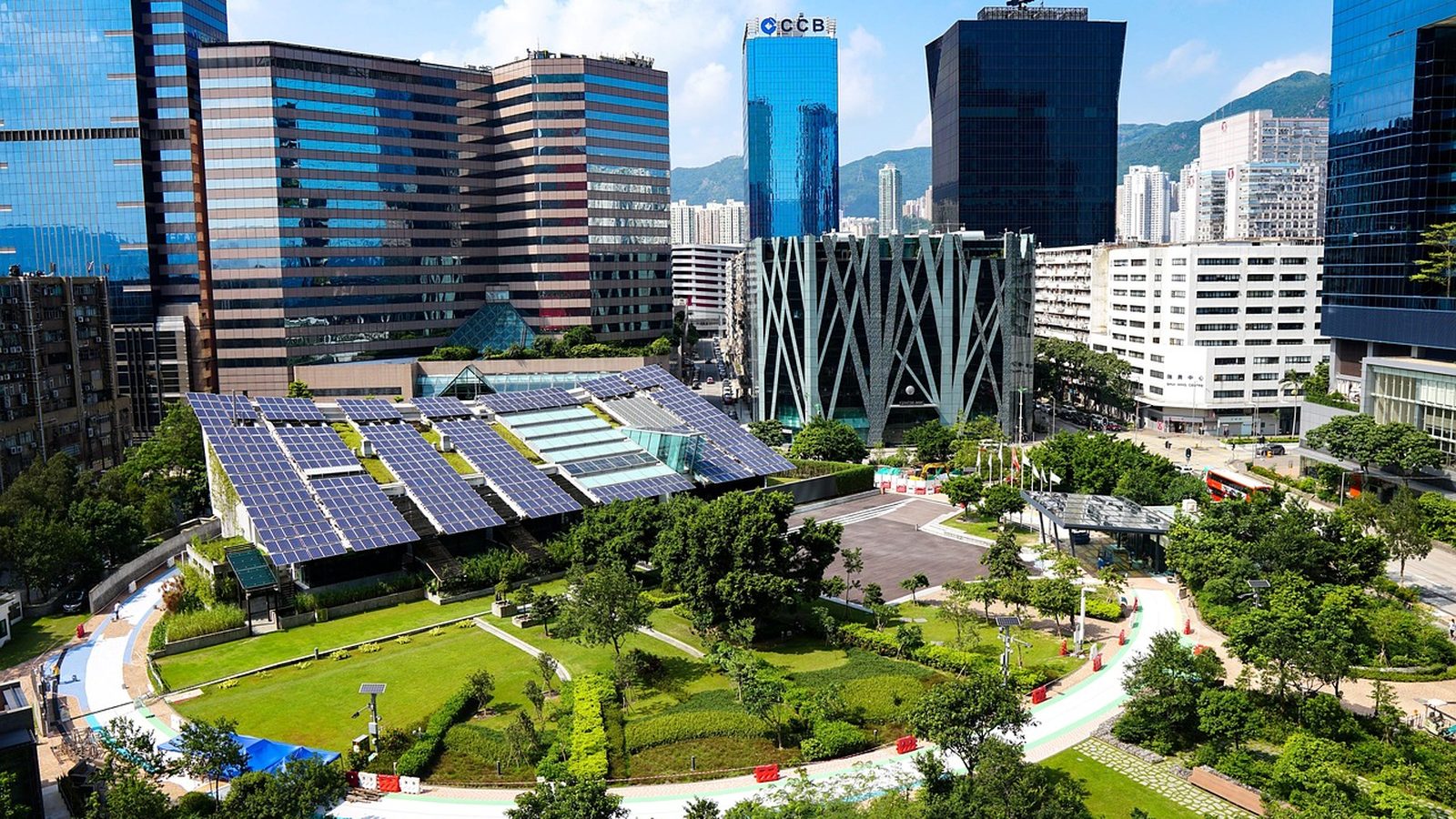 Solar canopy array in an urban plaza