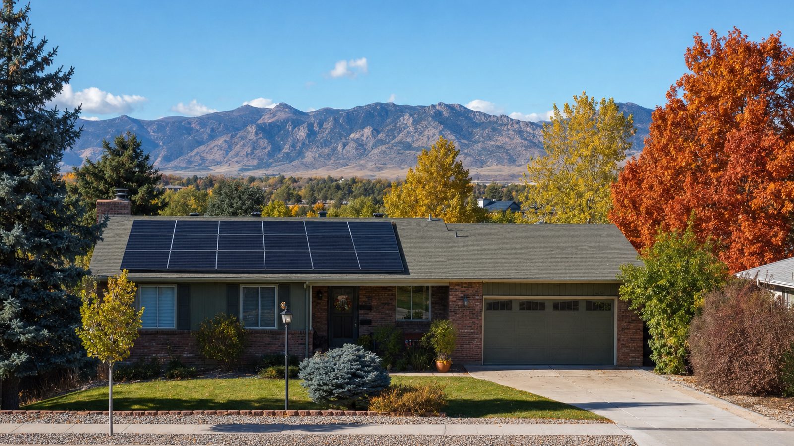 Solar array on a suburban roof with the Front Range foothills behind Arvada, Colorado