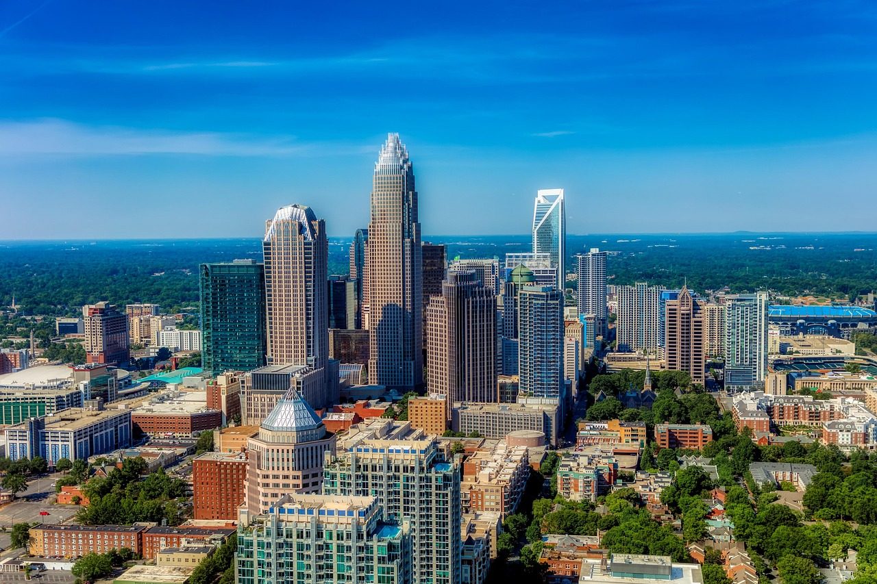 Charlotte skyline and downtown towers beneath clouds