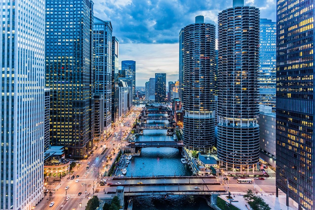 Chicago River, bridges and illuminated downtown buildings at night