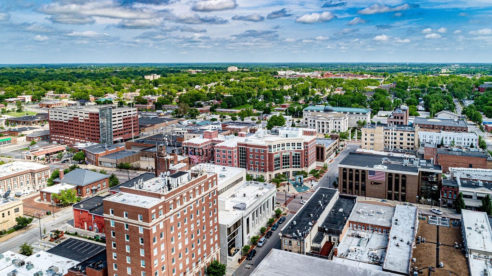 Aerial view of downtown Columbia, Missouri and its surrounding buildings