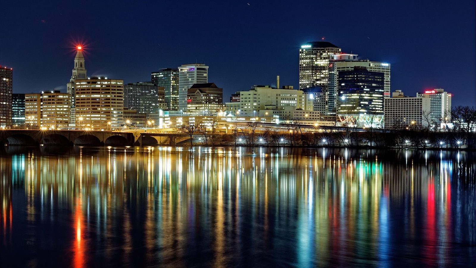 Hartford, Connecticut skyline lit up at night