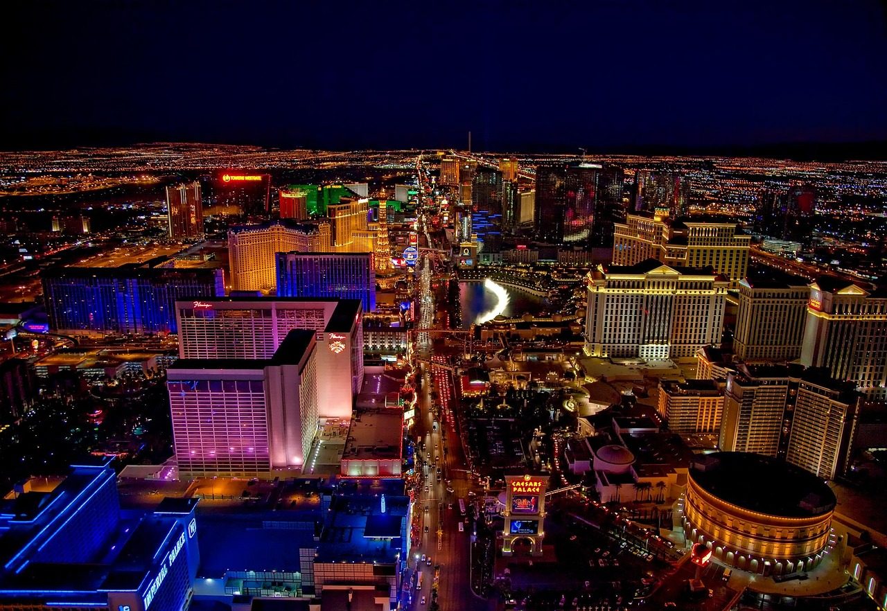 Las Vegas skyline and illuminated hotels at night