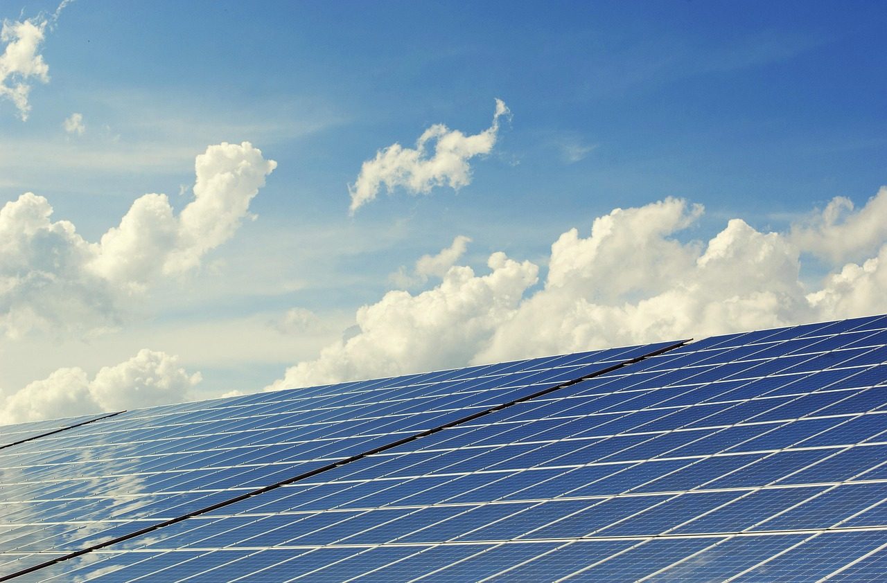 Photovoltaic panels under a cloudy sky