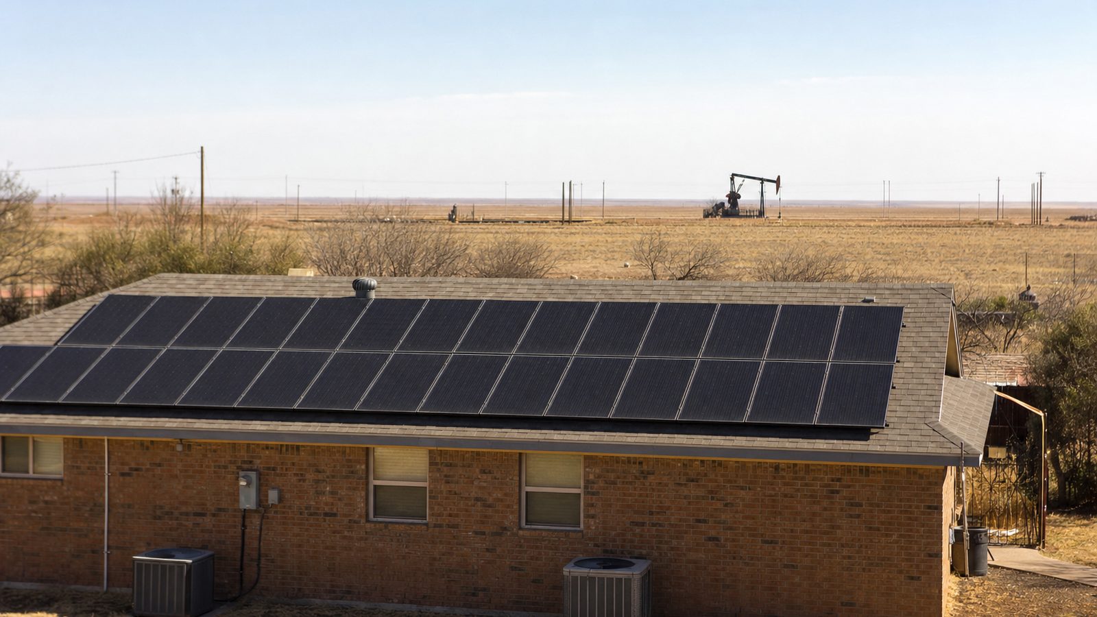 Solar panels on a West Texas home under a wide Permian Basin sky