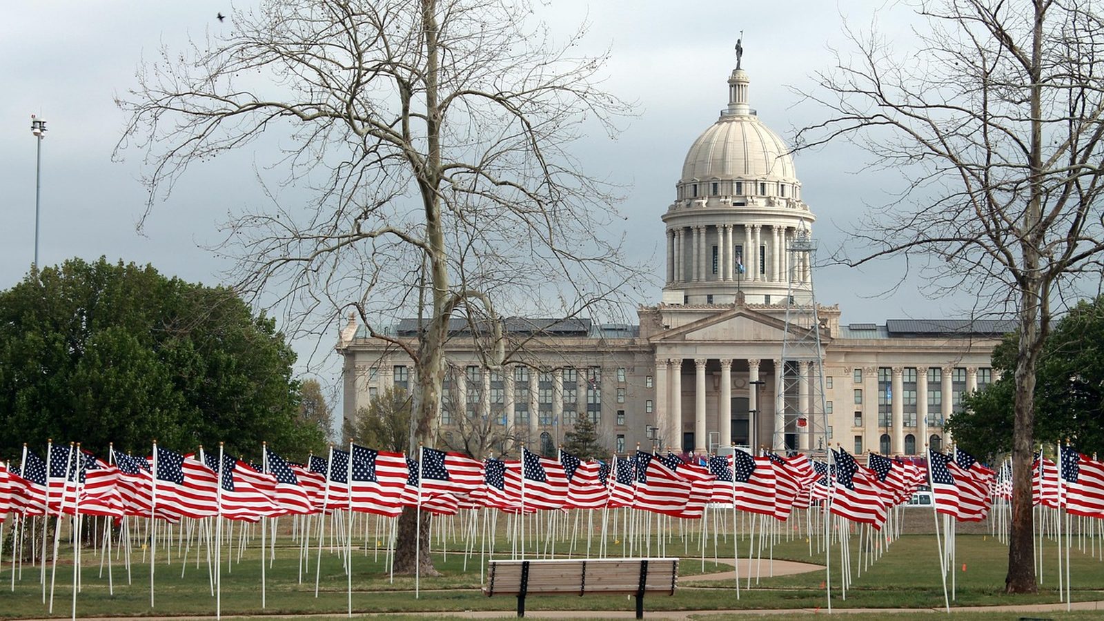 Flags waving outside the Oklahoma State Capitol in Oklahoma City