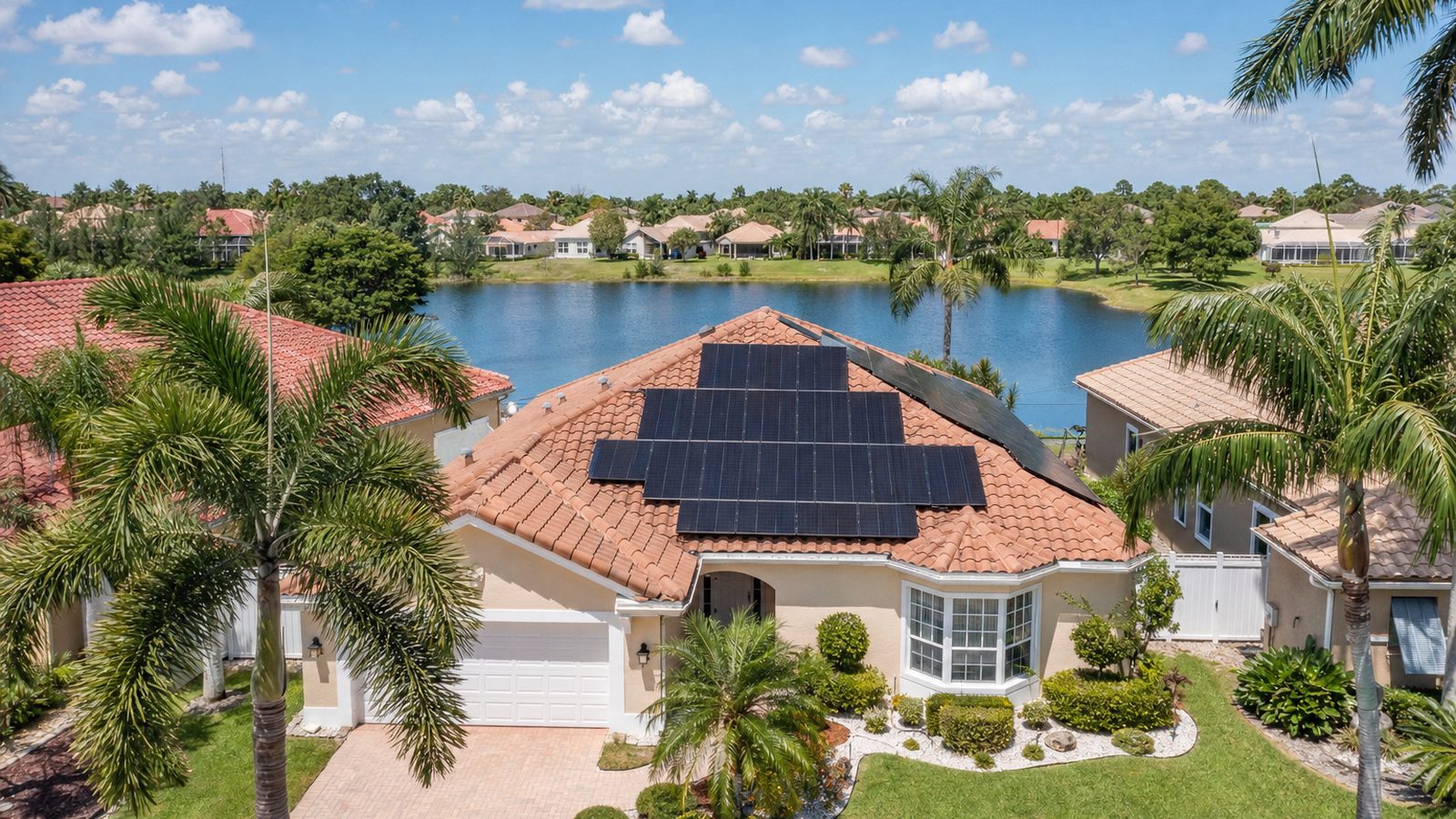Solar panels mounted on the tile roof of a one story South Florida home