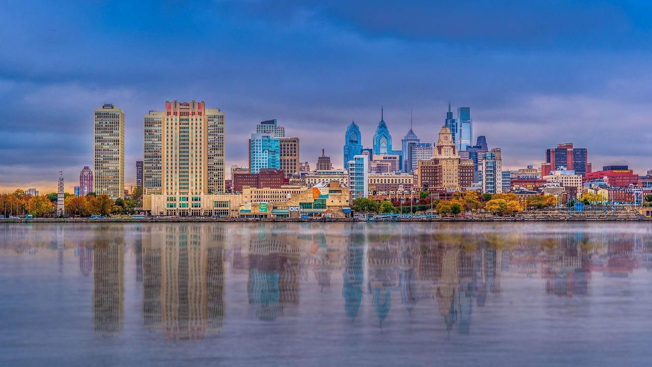 Philadelphia skyline with skyscrapers and evening light