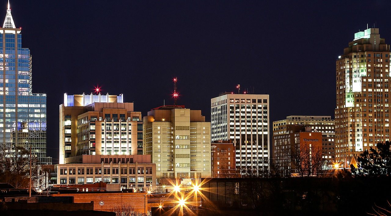 Raleigh downtown skyline in a nighttime cityscape