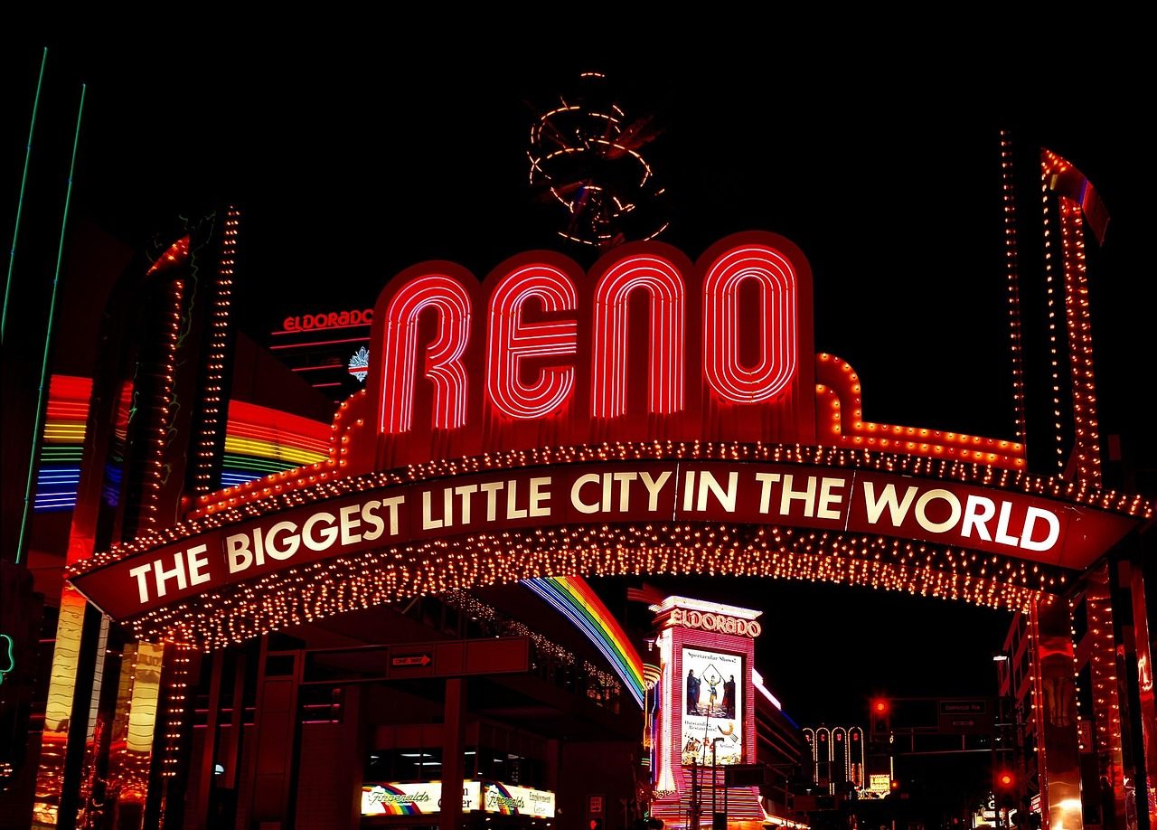 Reno neon sign illuminated at night
