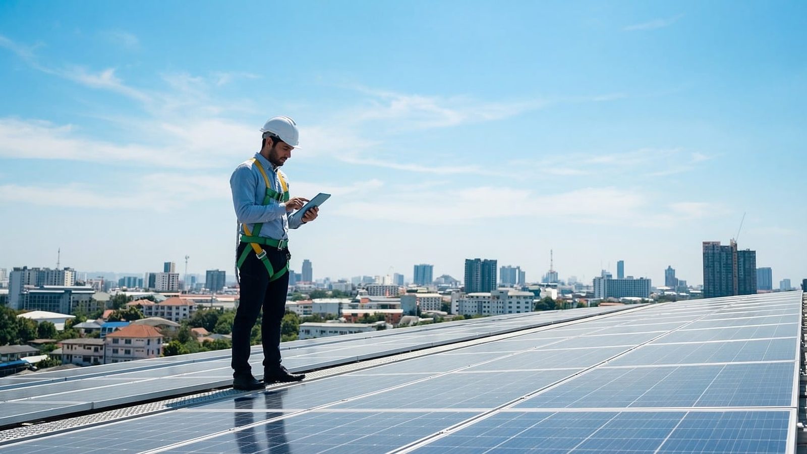 Engineer inspecting a rooftop solar array above the city