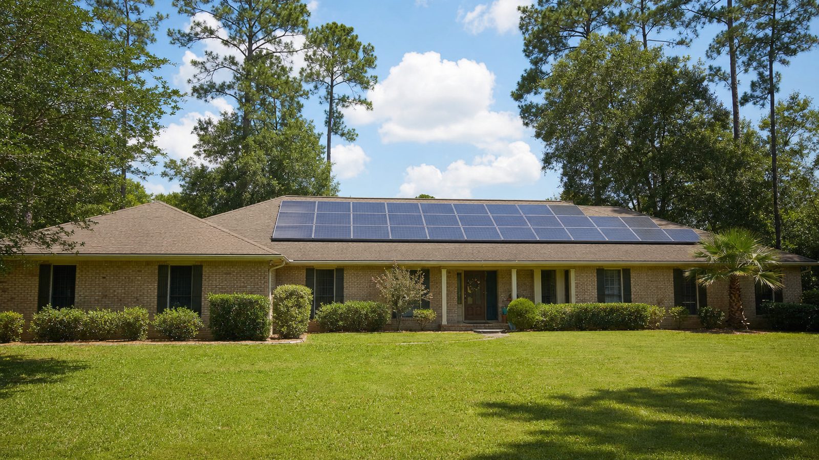 Solar panels on a single family home roof among tall southern trees