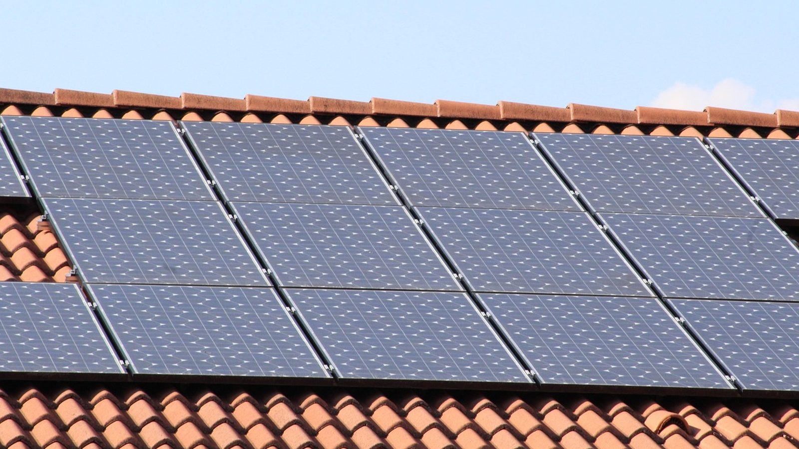 Rows of photovoltaic panels installed across a rooftop