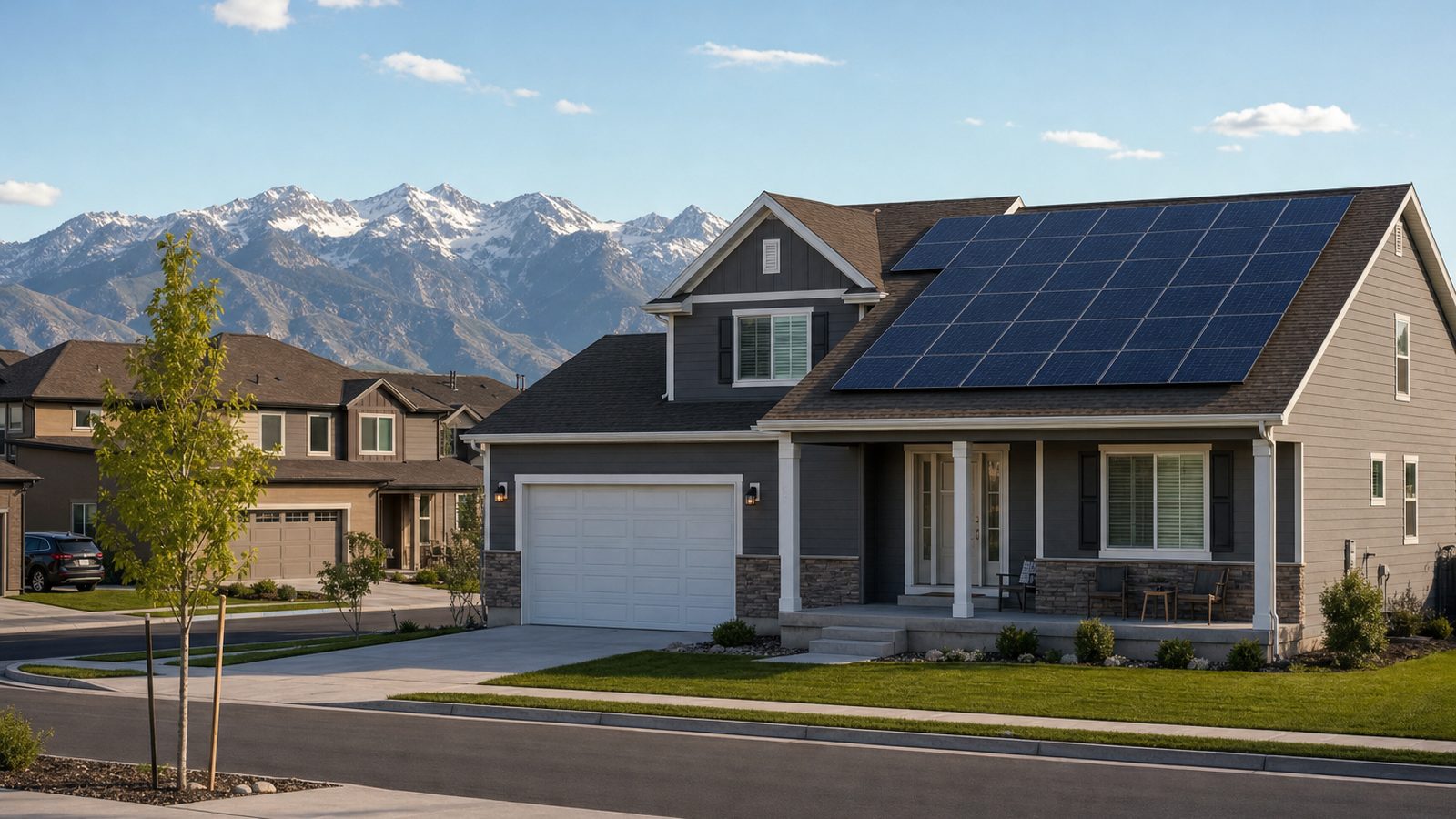 Home rooftop solar installation against the Oquirrh foothills in West Valley City, Utah