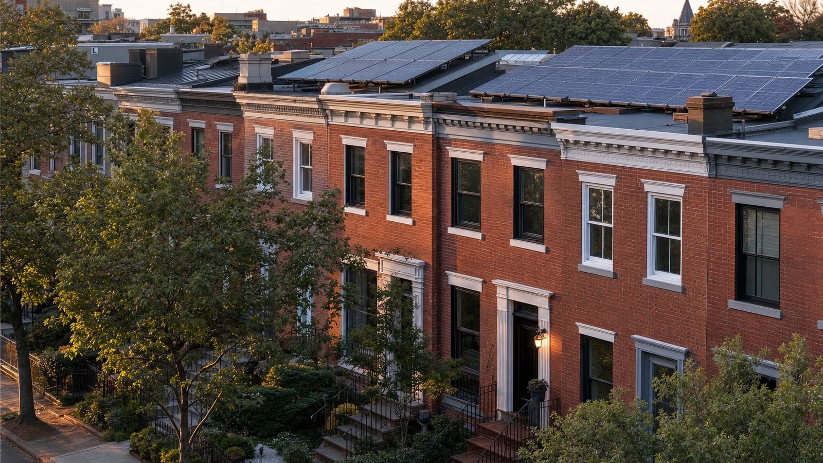 Washington DC townhomes with rooftop solar panels