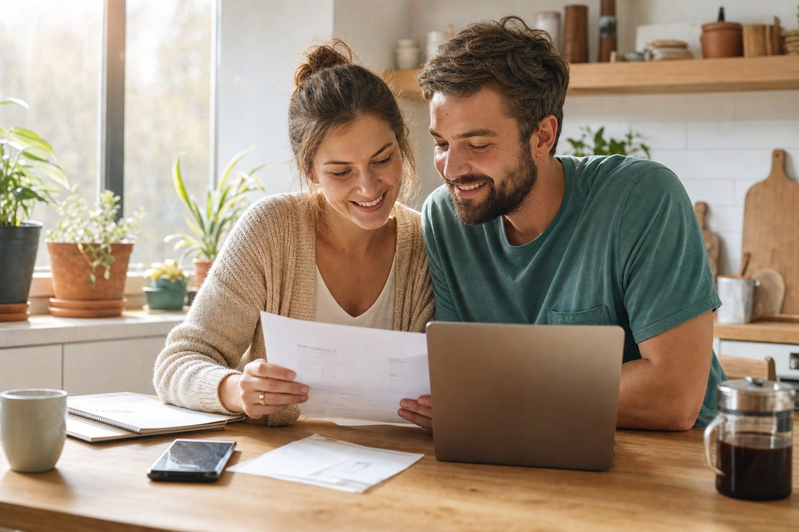 Couple reviewing their electric bill at a bright kitchen table