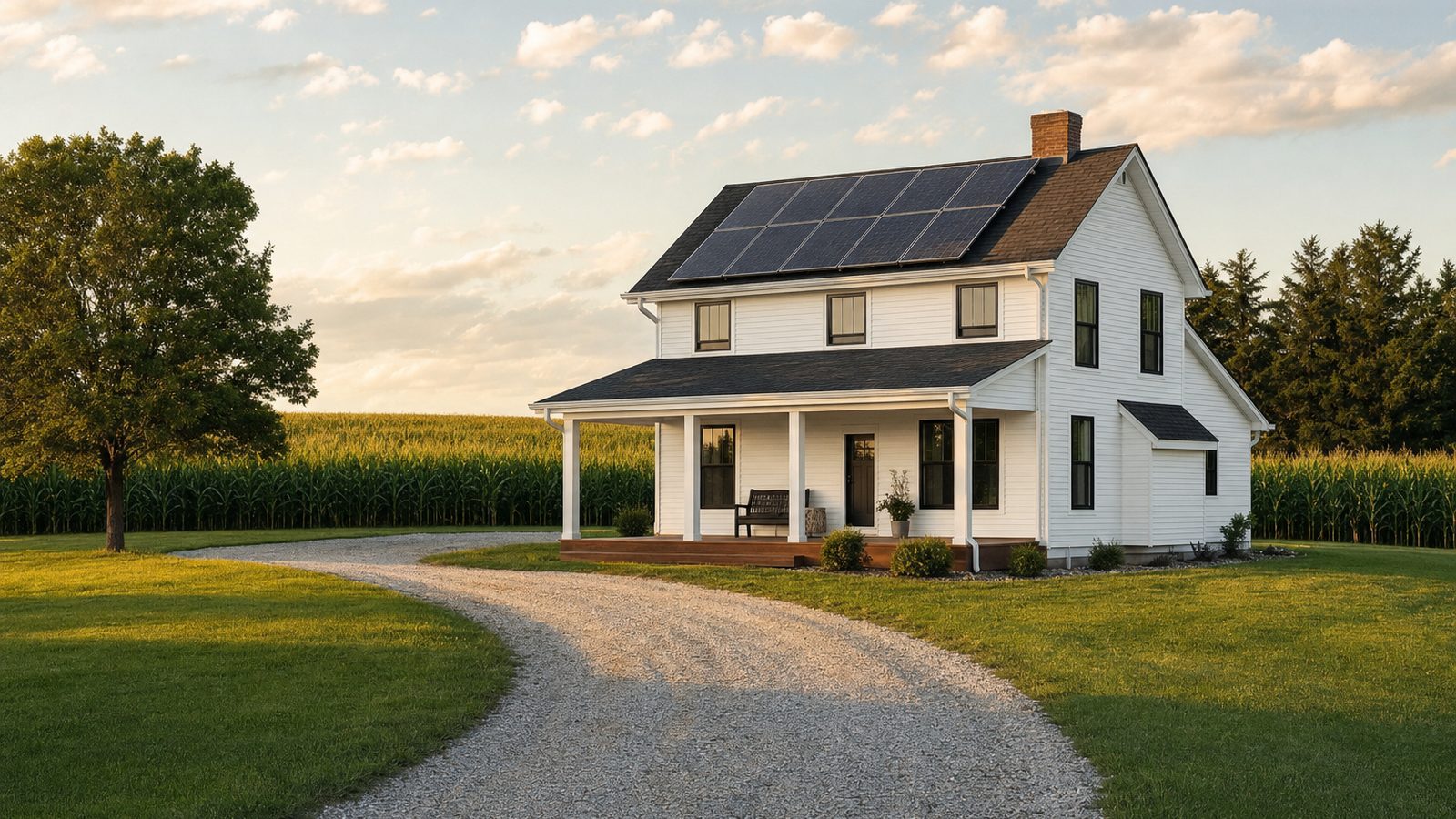 Iowa farmhouse with rooftop solar panels near green fields