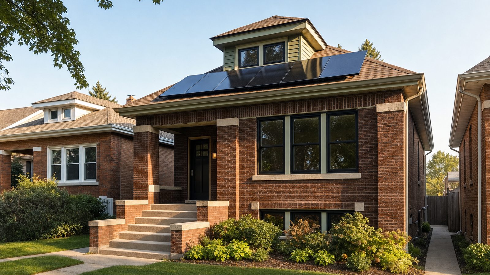 Illinois home with rooftop solar panels and mature trees