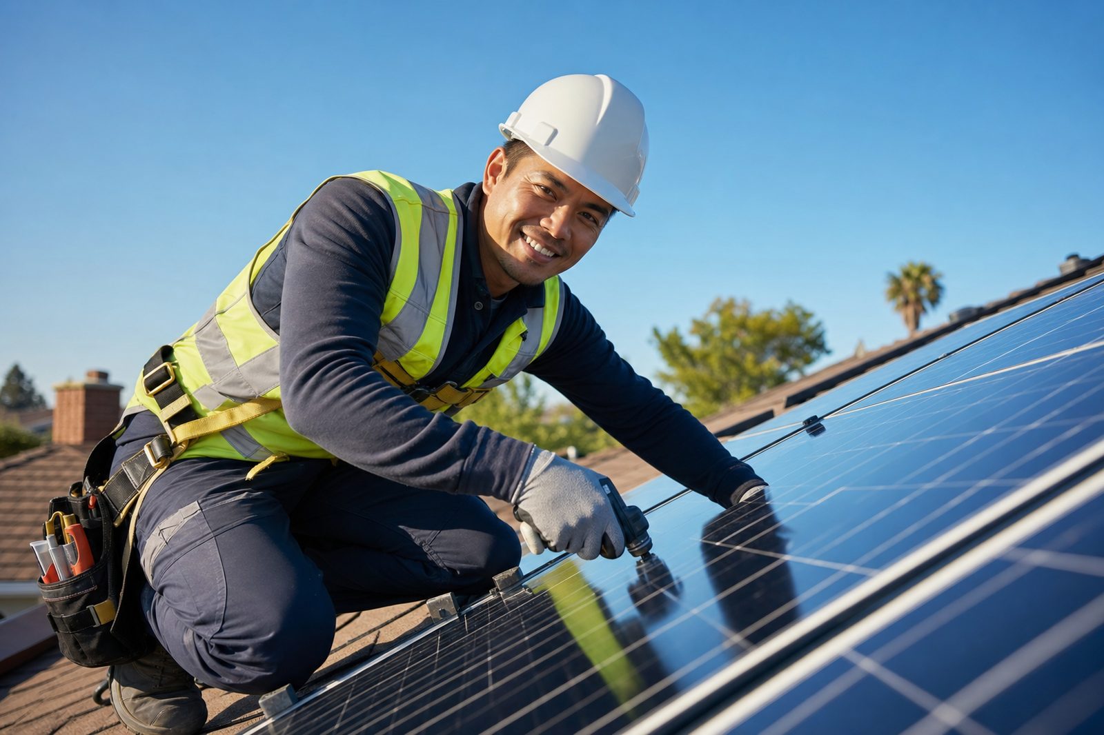 Solar installer securing a panel on a residential roof