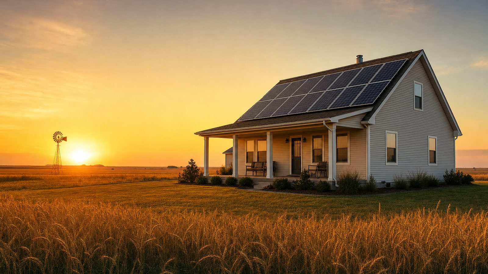 Kansas home with rooftop solar panels and open prairie beyond