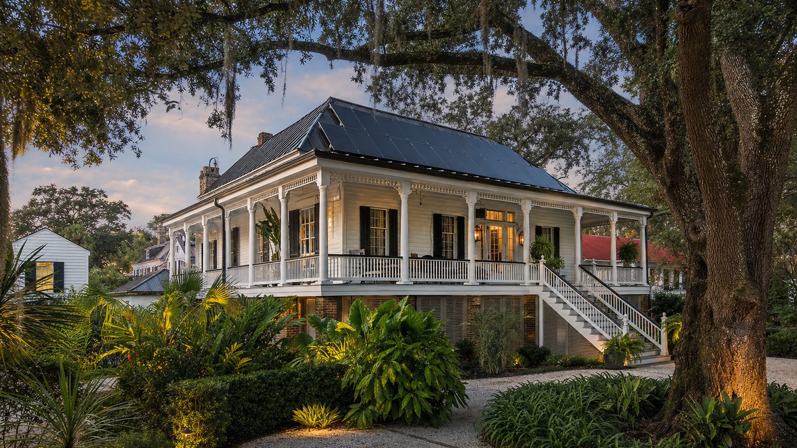 Louisiana home with rooftop solar in warm Gulf Coast daylight