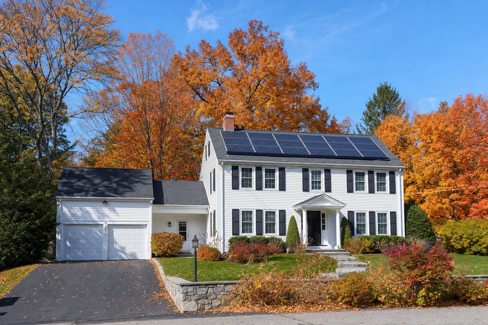 White colonial home in Massachusetts with solar panels and autumn foliage