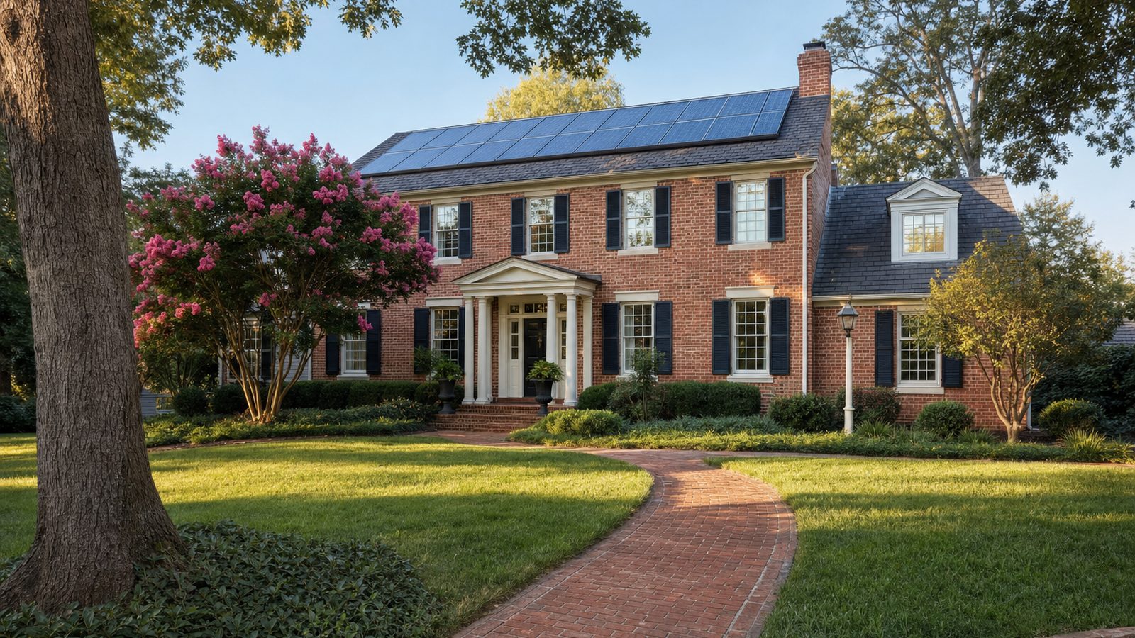 Maryland suburban home with solar panels across a dark shingle roof