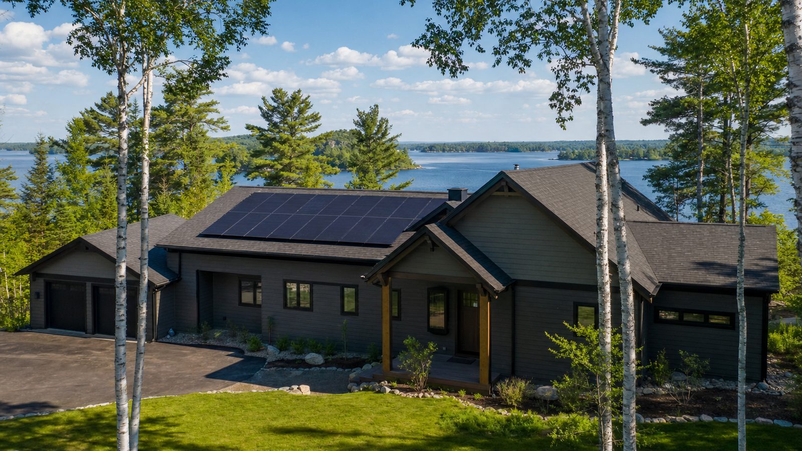 Minnesota home with rooftop solar panels beside mature trees and a clear northern sky