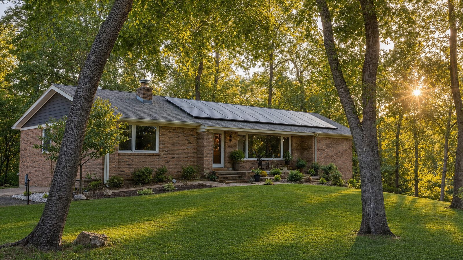 Missouri brick home with a rooftop solar array beneath a broad Midwestern sky