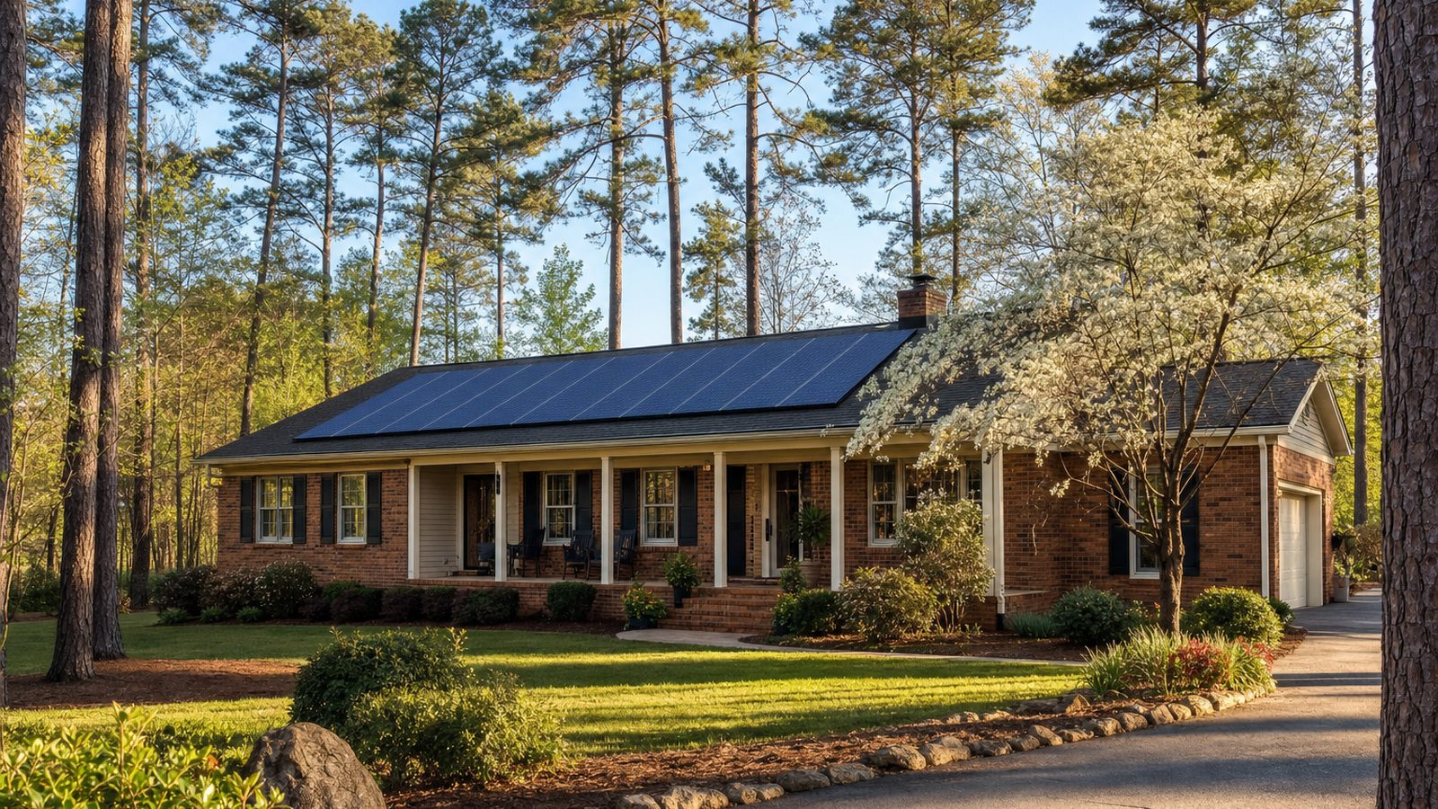 North Carolina home with solar panels surrounded by trees