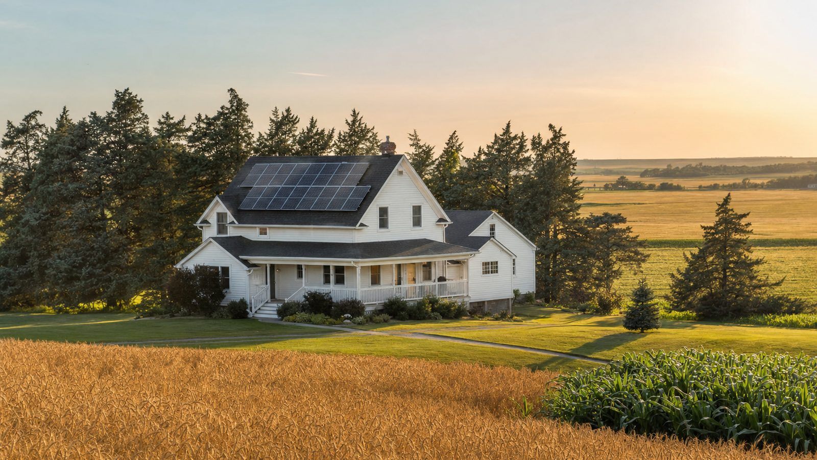 Nebraska home with rooftop solar panels beside open fields