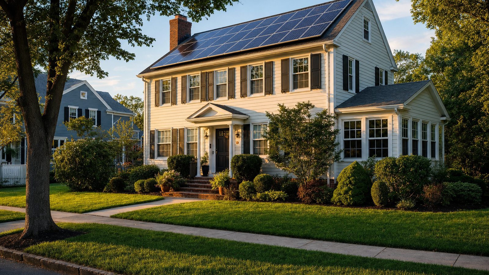 New Jersey suburban home with rooftop solar panels