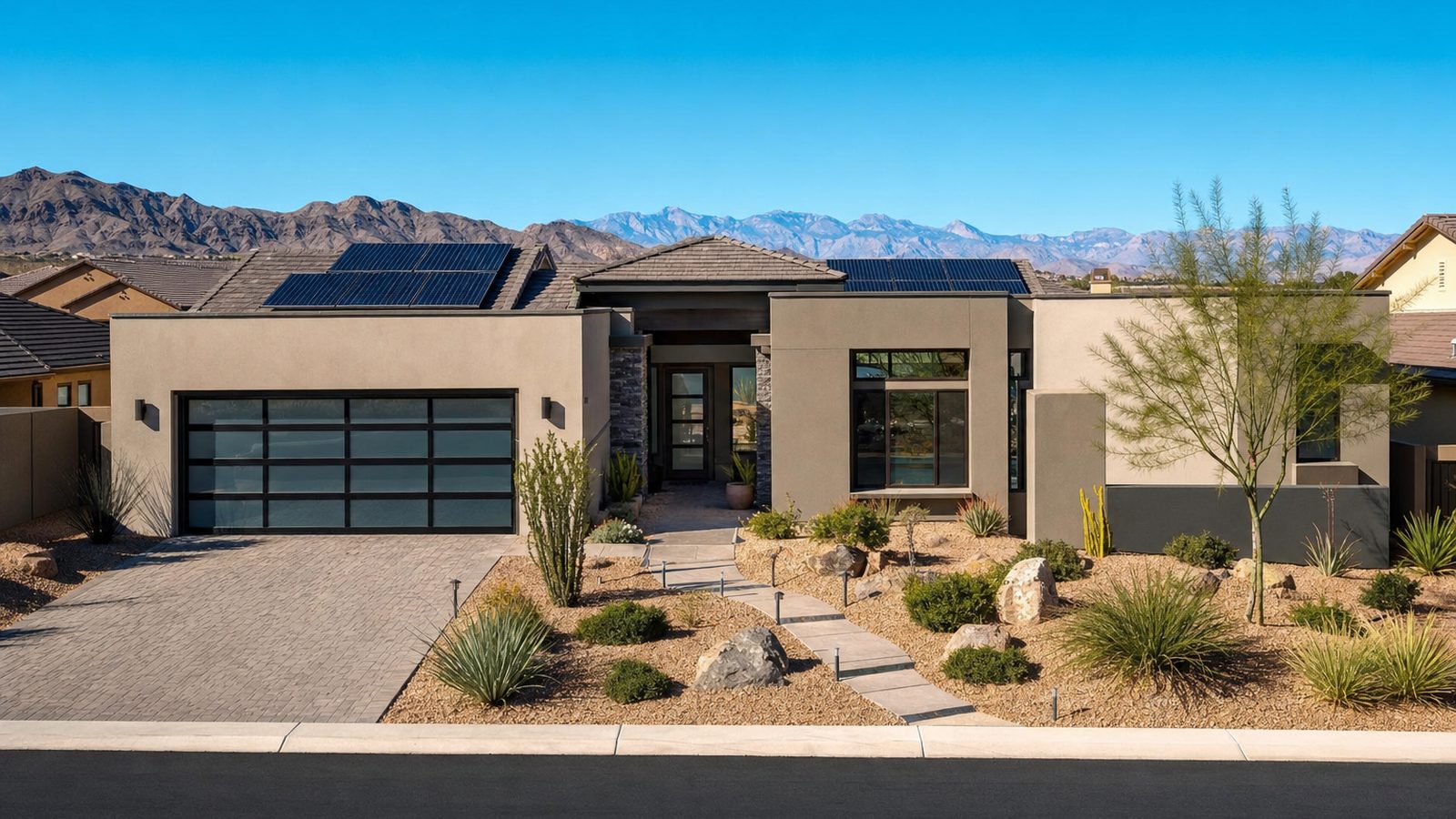 Nevada desert home with rooftop solar panels