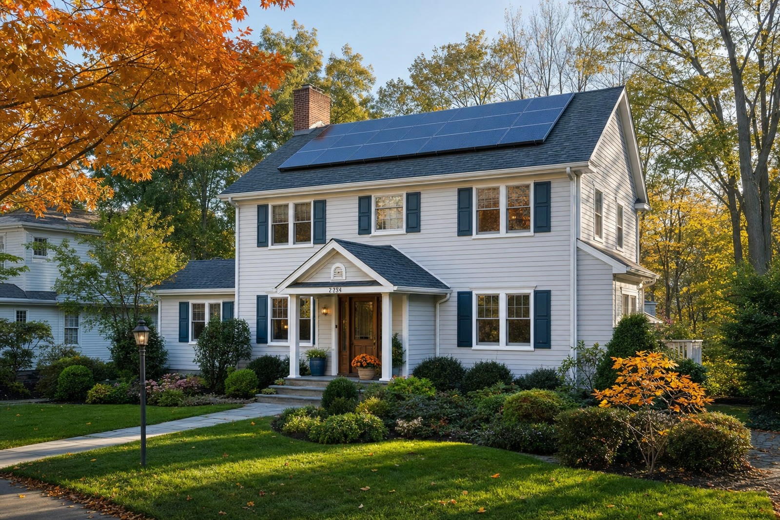 Two story New York colonial home with solar panels on the roof in autumn