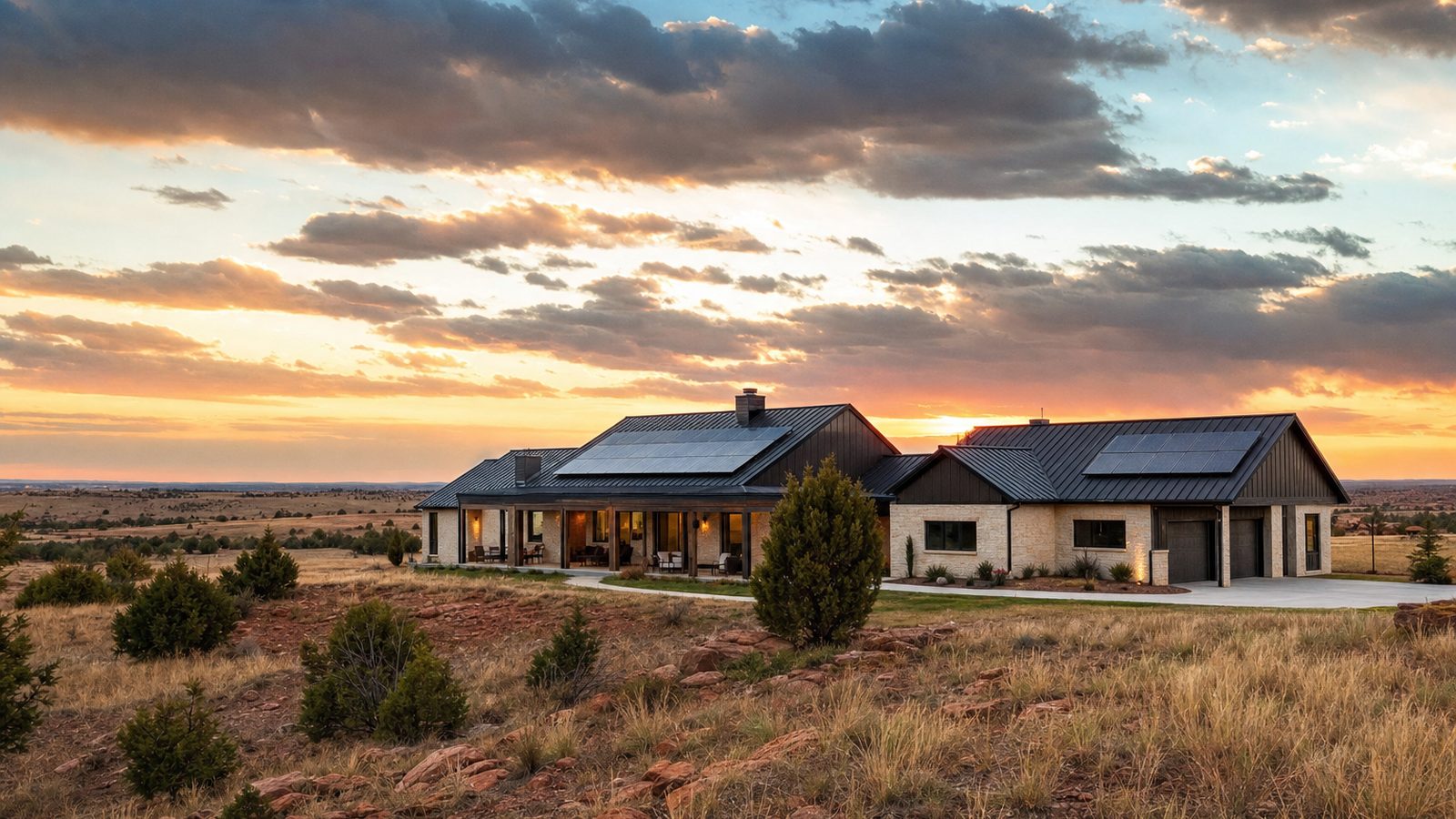 Oklahoma home with rooftop solar under a clear open-plains sky
