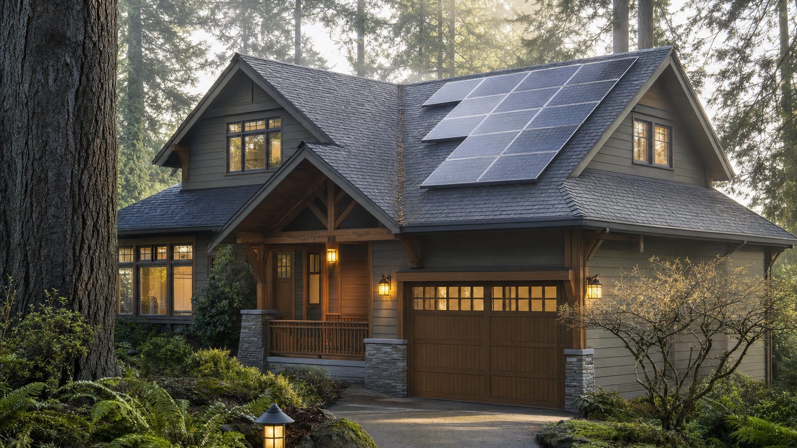 Oregon home with rooftop solar panels in a green Pacific Northwest neighborhood