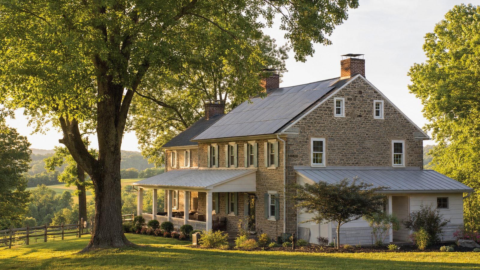 Pennsylvania brick home with a rooftop solar system on a clear day
