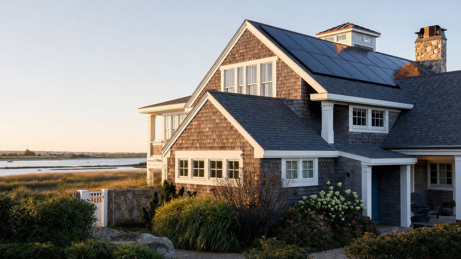 Rhode Island home with rooftop solar panels