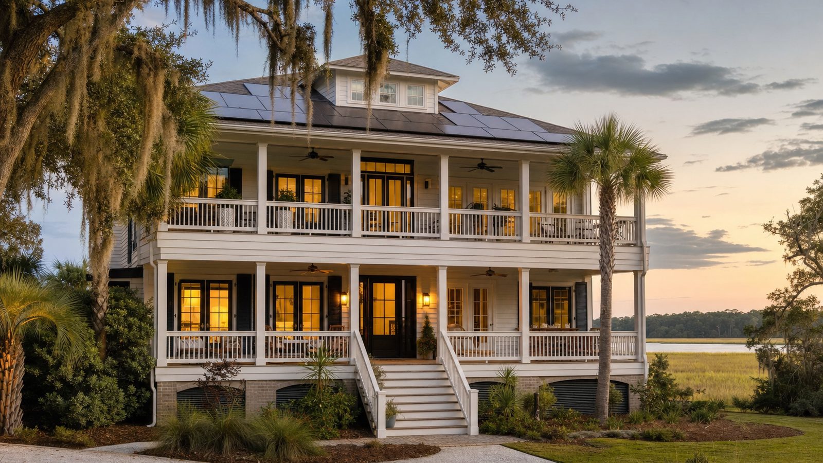 South Carolina coastal home with rooftop solar panels in bright afternoon light