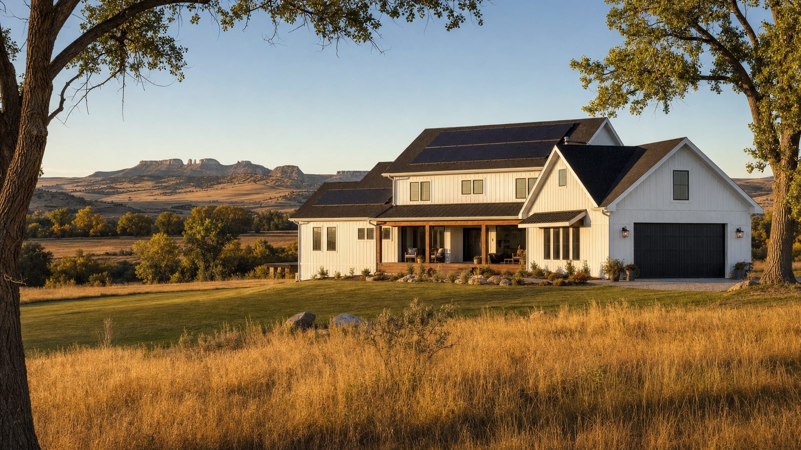 South Dakota prairie home with a rooftop solar array under a wide blue sky