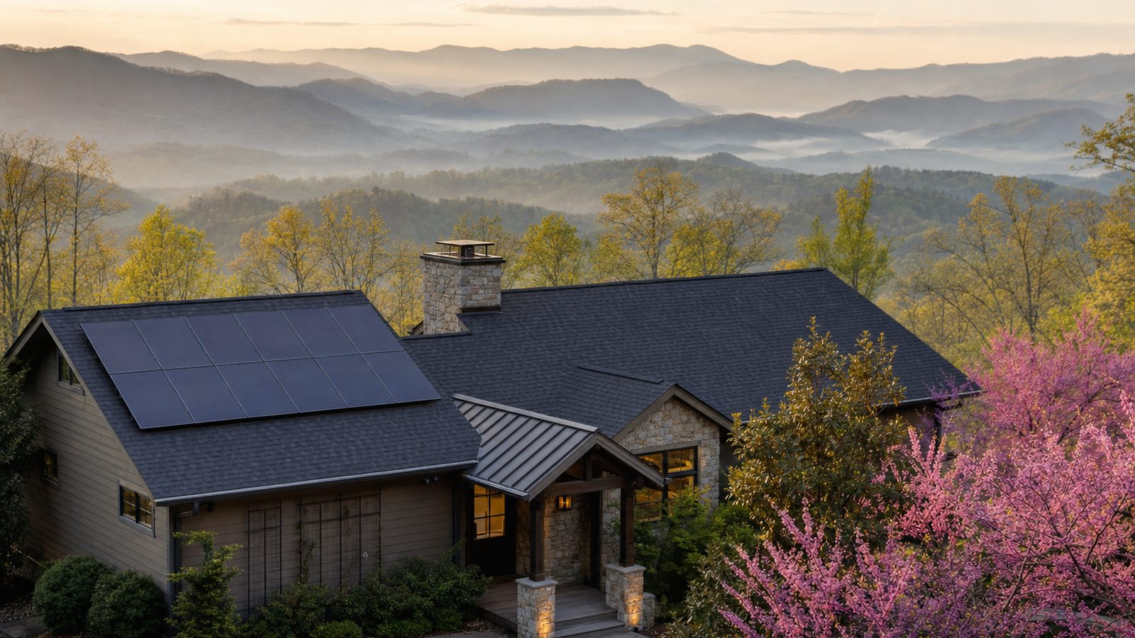 Tennessee home with rooftop solar panels framed by green hills