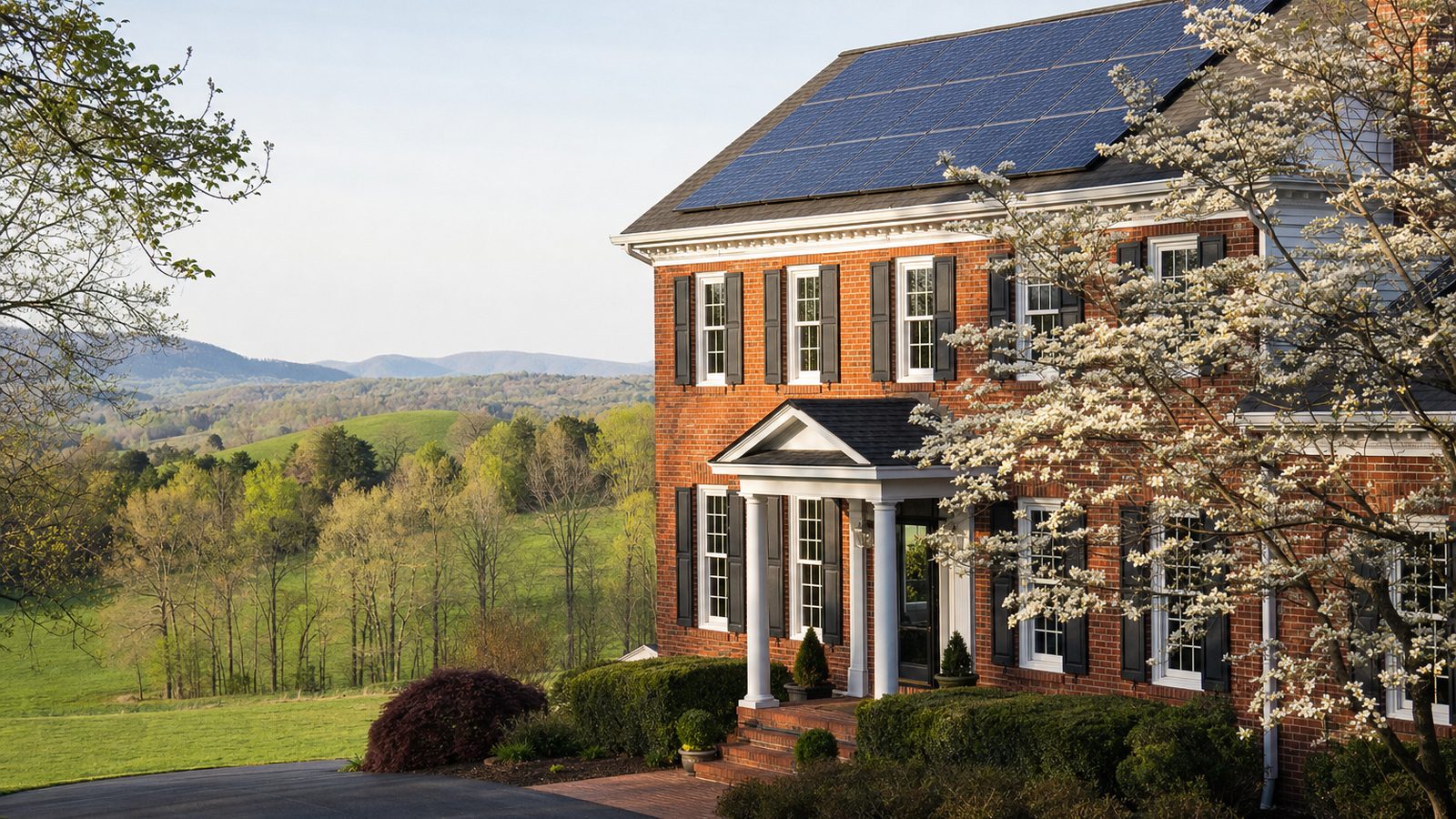 Virginia suburban home with a rooftop solar array under a bright blue sky