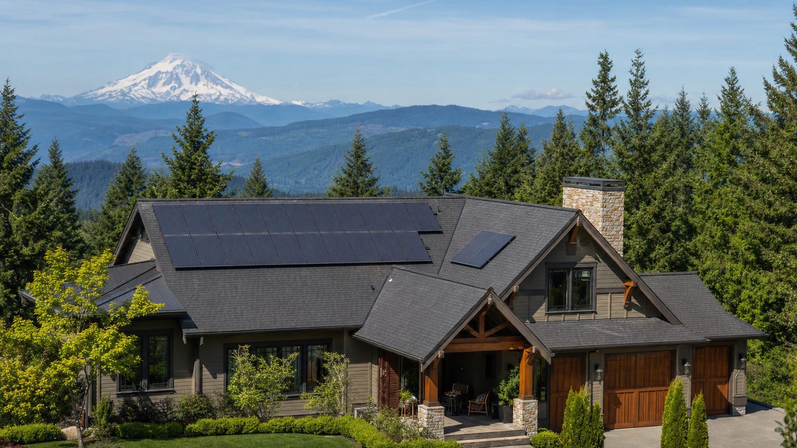 Washington home with solar panels under bright sky near evergreen trees
