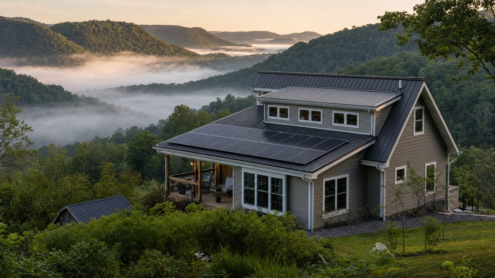 West Virginia hillside home with solar panels above a wooded valley
