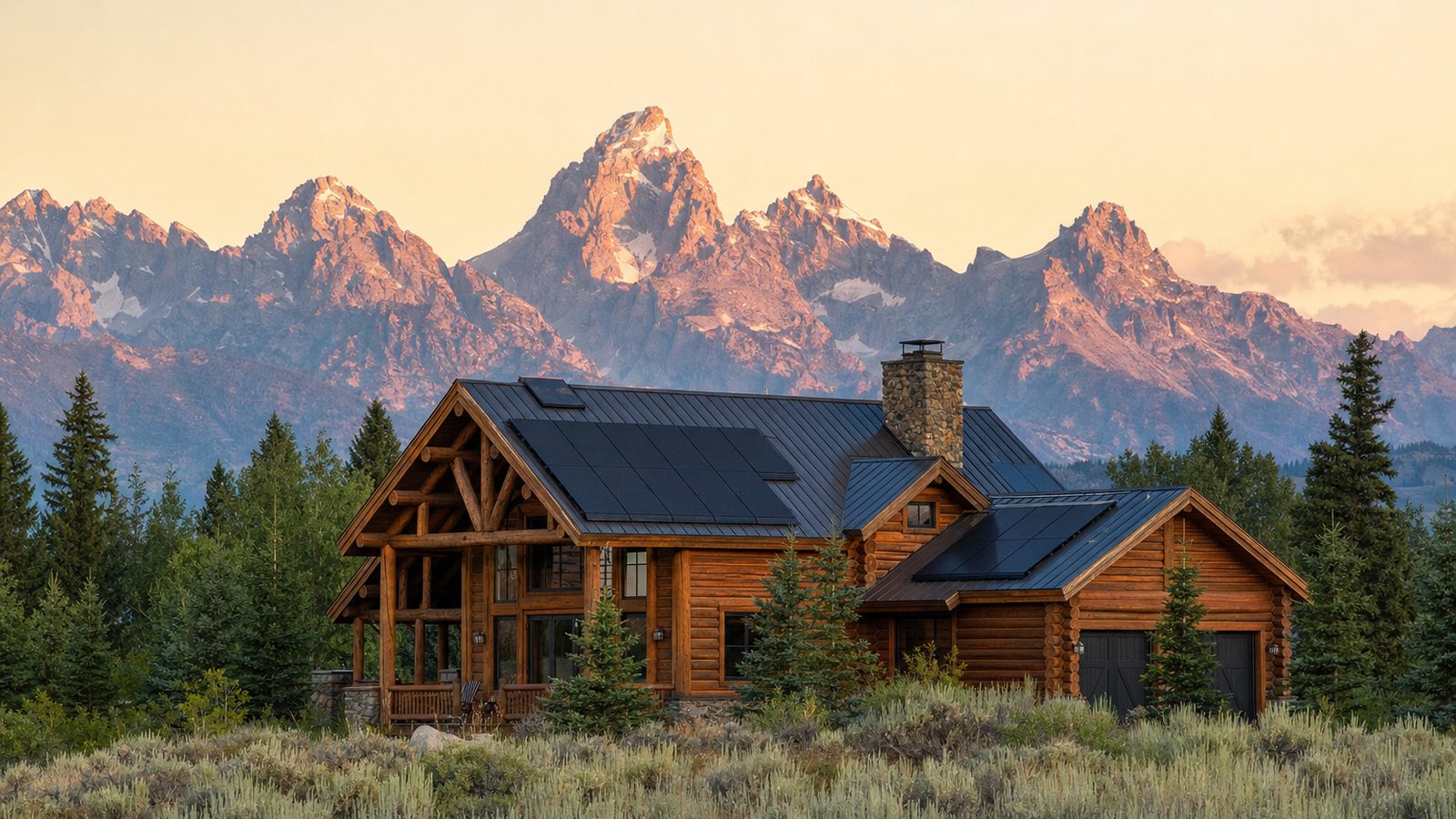 Wyoming ranch home with rooftop solar panels and open plains